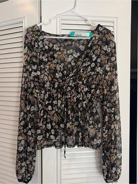 Madison & Berkeley Black Floral Sheer Peplum Blouse